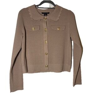 Tahari Women's Tan Crop Scalloped Collar Sweater Gold Buttons Size Medium